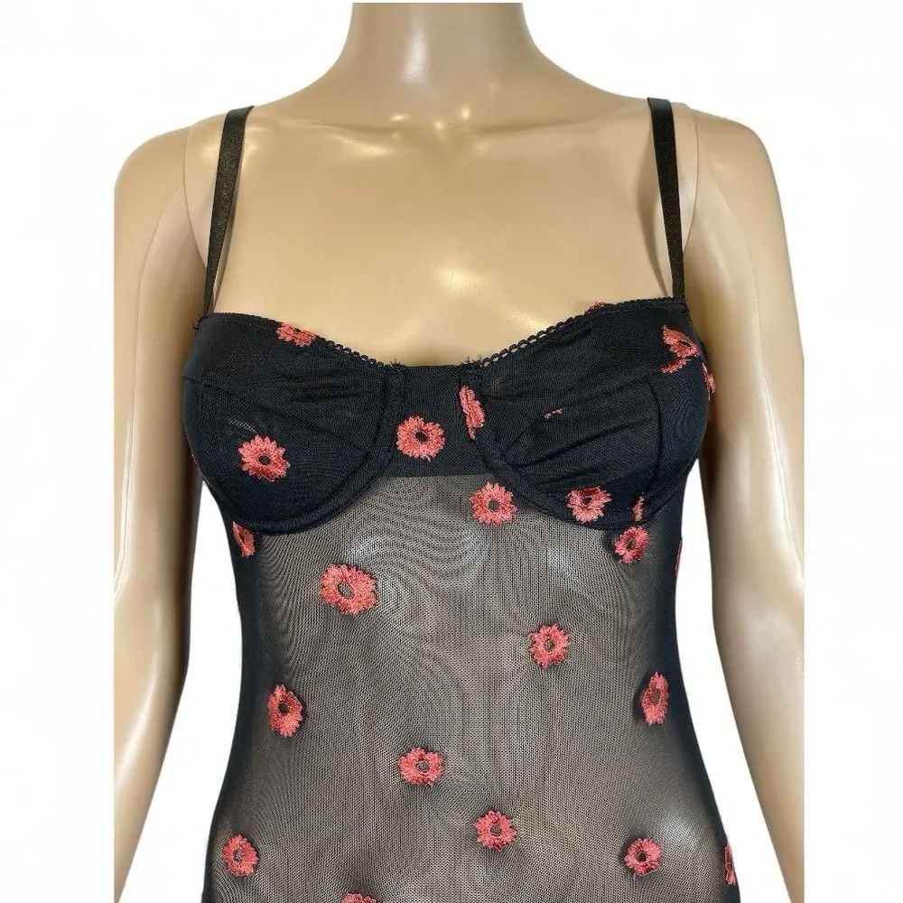 Princess Polly Black Sheer Mesh  Bodysuit  Floral Design size 6